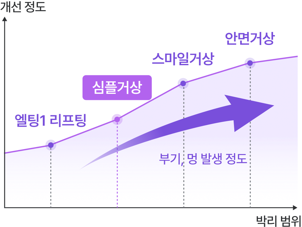 리팅 리프팅 절개 범위와 효과 비교 그래프